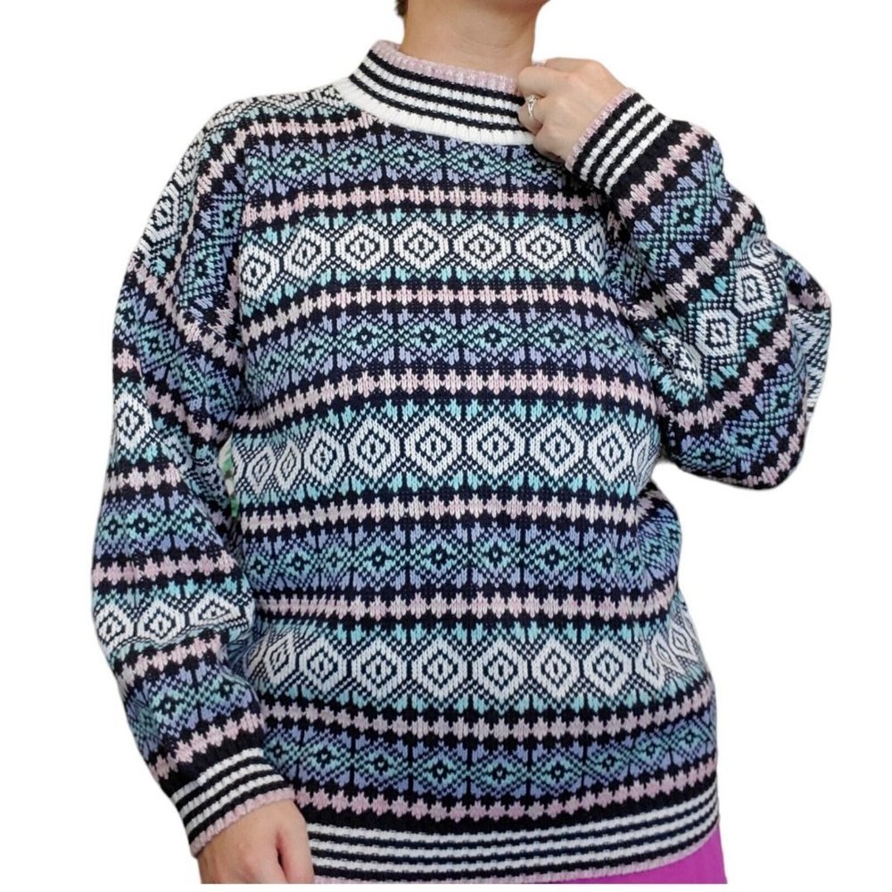 80s Fair Isle Pastel Mockneck Oversized Sweater M Blue Pink Cotton Vintage Kawai